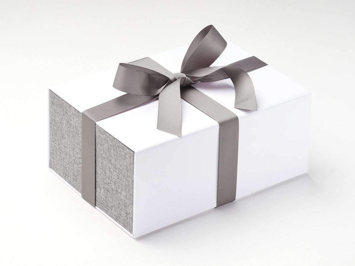 Metal Gray Ribbon Featured on White No Magnet Gift Box with Gray Linen FAB Sides®