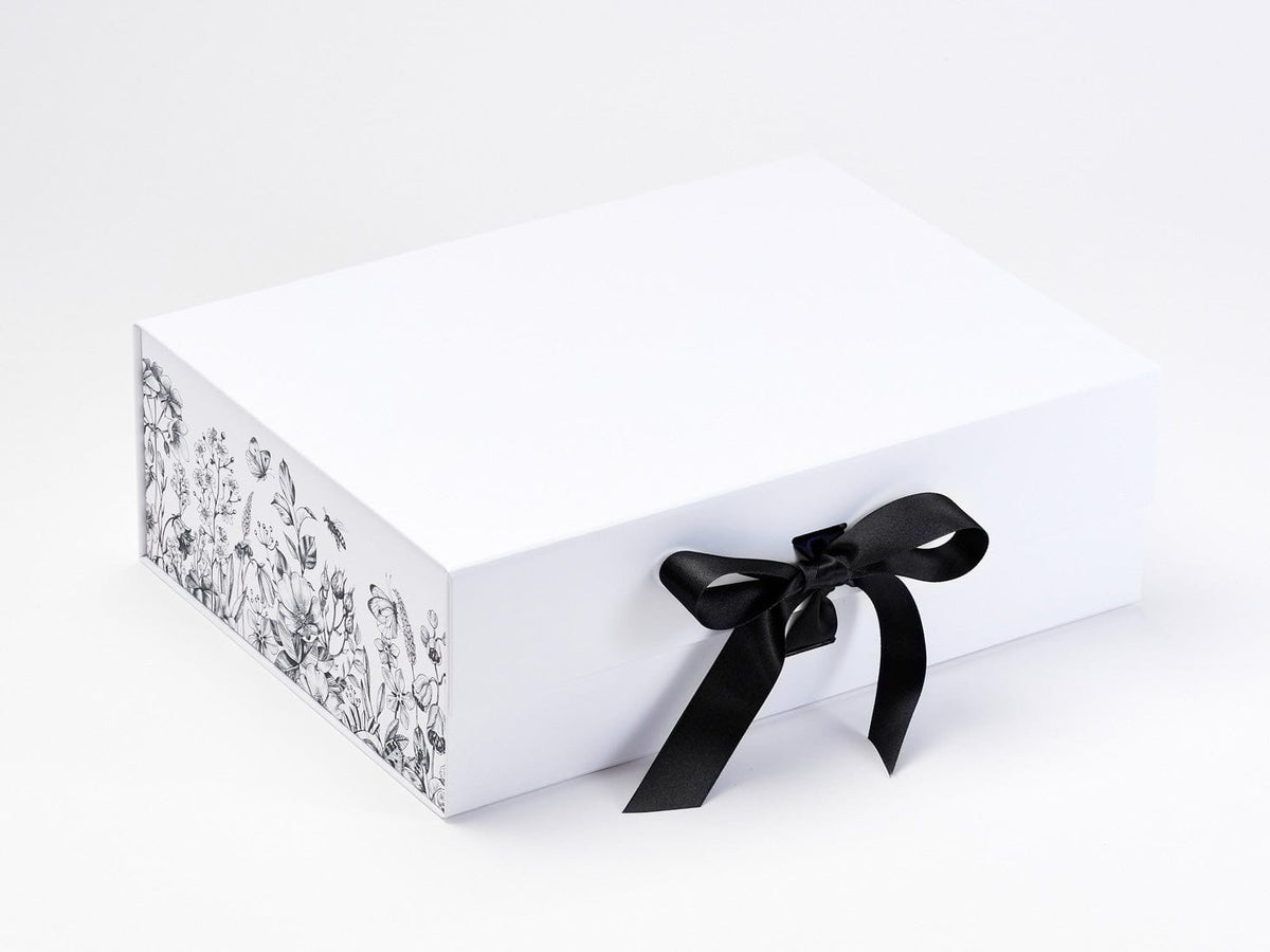 White Botanical Sketch FAB Sides® Featured on White Gift Box with Black Satin Ribbon