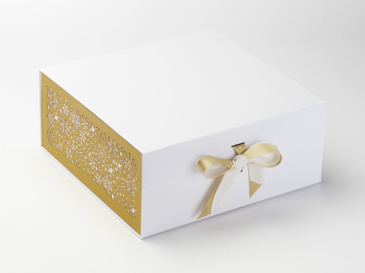 Gold Snowflakes FAB Sides® Featured on White XL Deep Gift Box with Gold Sparkle Double Ribbon