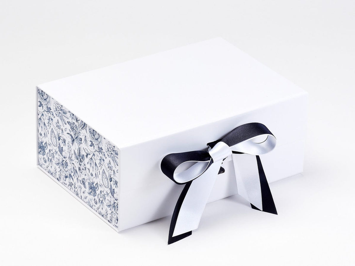 White and Navy Satin Ribbon Featured with Vintage Blue FAB Sides® on White Gift Box