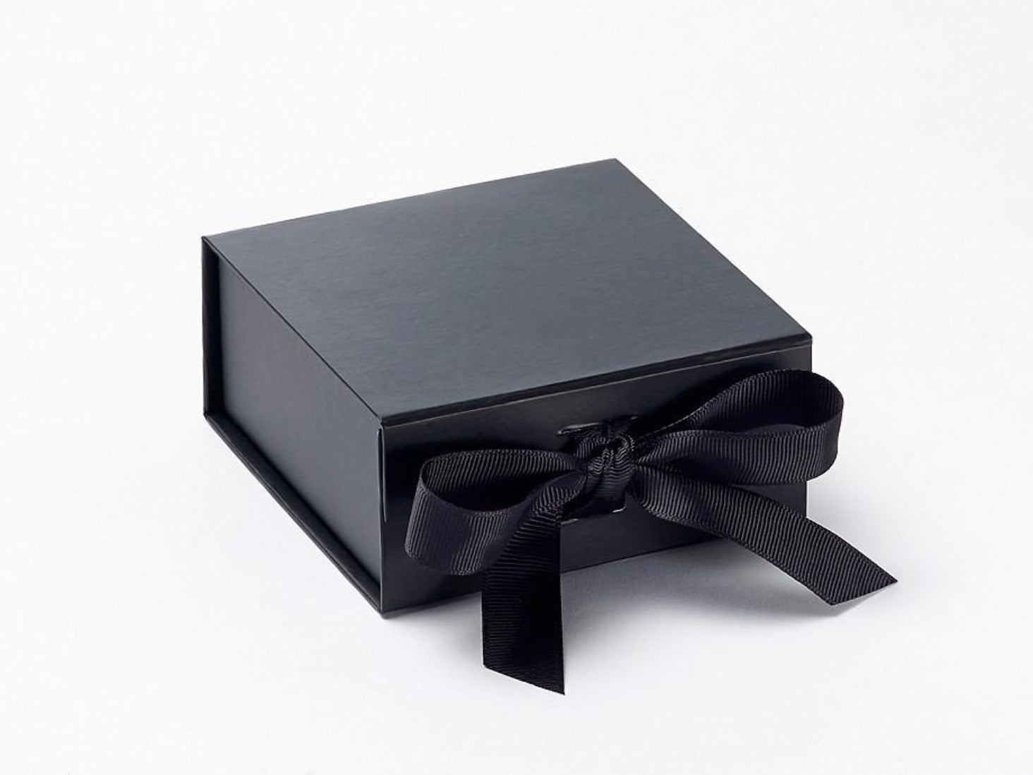 Small Black Gift Box Sample with fixed ribbon ties from Foldabox USA
