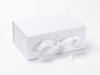 White A5 Deep folding gift box sample with fixed ribbon ties from Foldabox USA
