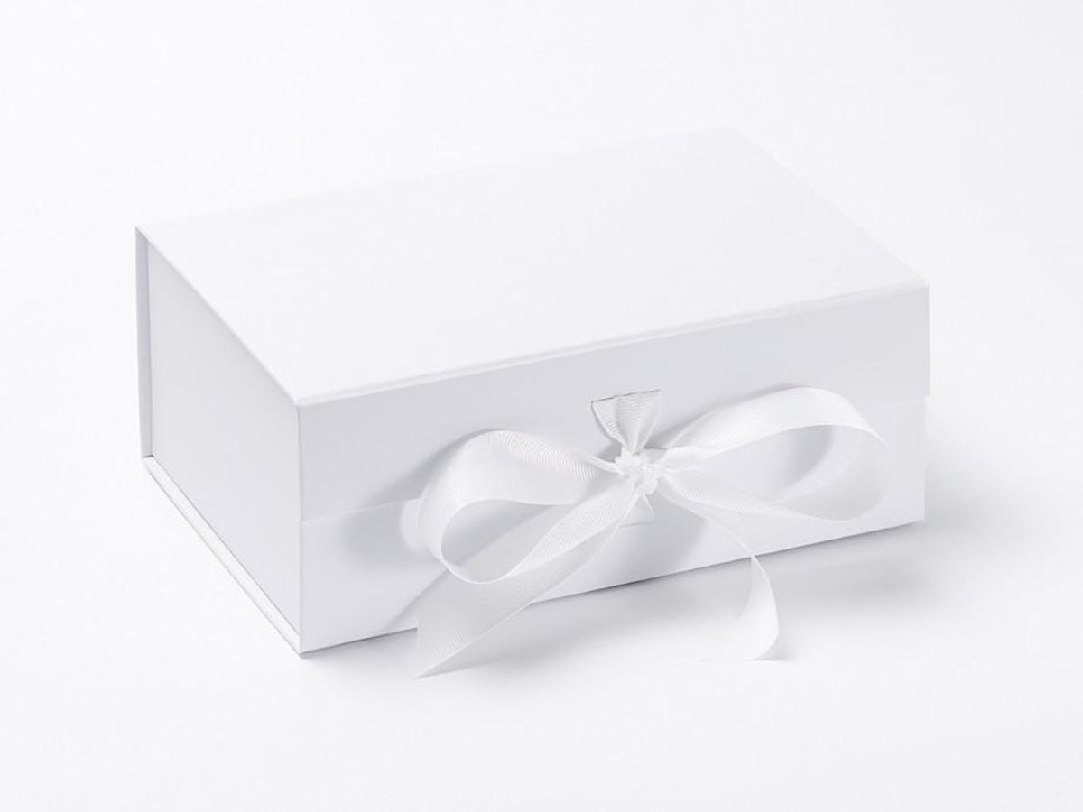 White A5 Deep folding gift box sample with fixed ribbon ties from Foldabox USA