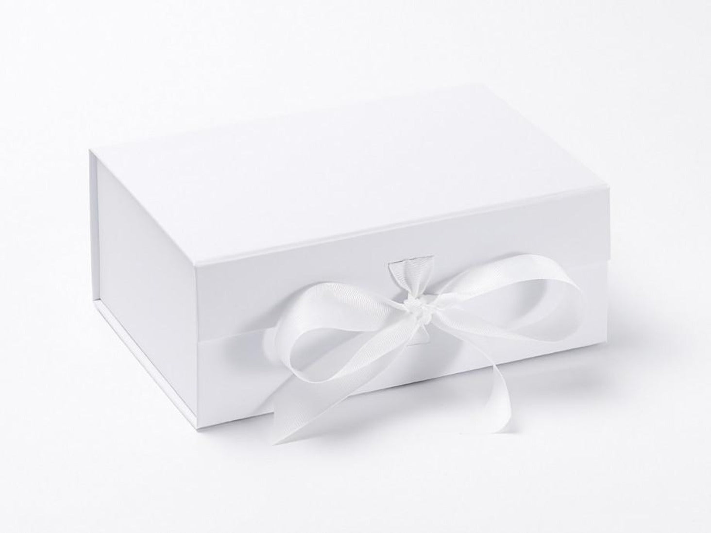 White A5 Deep folding gift box sample with fixed ribbon ties from Foldabox USA
