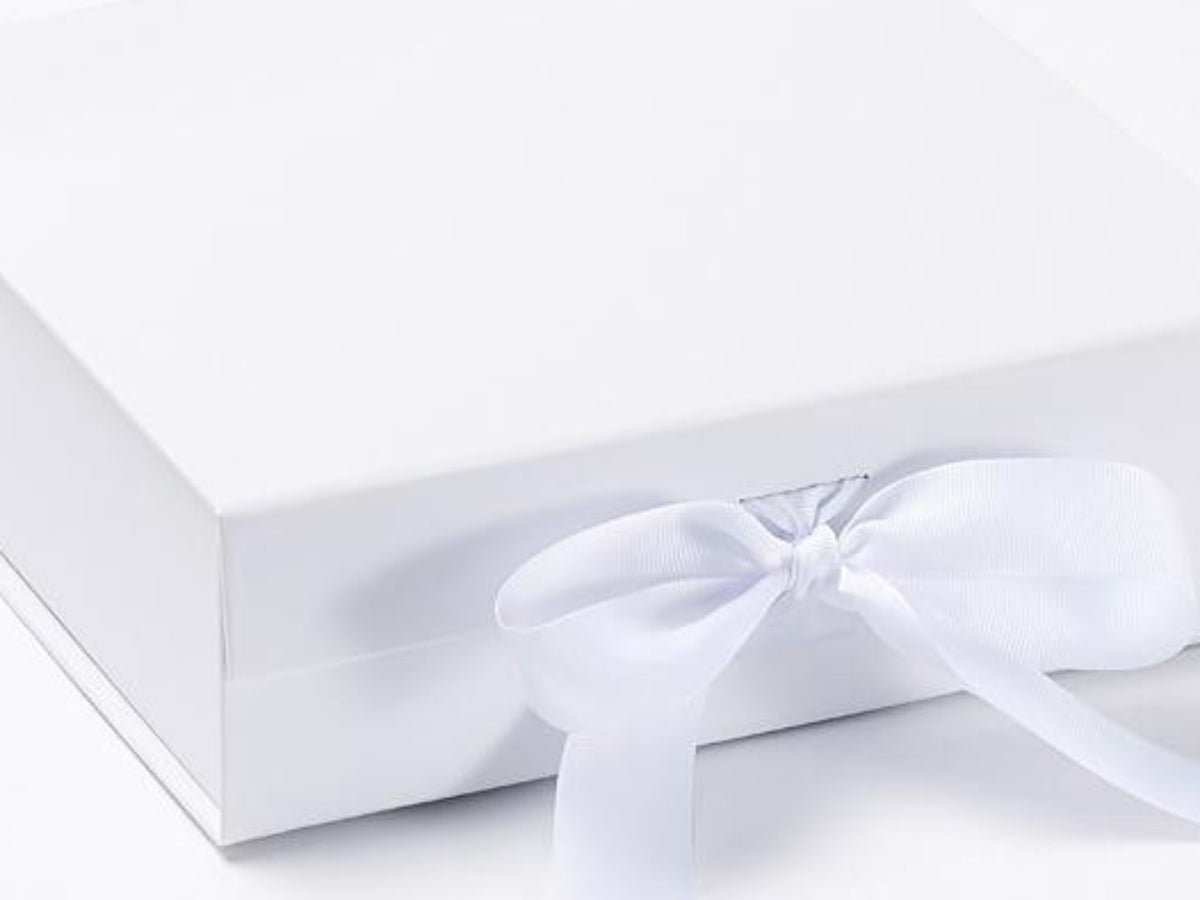Medium White Folding Gift Box or Keepsake Box with fixed grosgrain ribbon