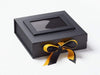 Example of Yellow Gold Double Ribbon Bow Featured on Black Medium Gift Box with Black Photo Frame