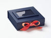 Example of Perfect Peach and Watermelon Double Ribbon Bow Featured on Navy Blue Medium Gift Box with Navy Photo Frame