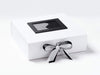 Example of Black Ribbon Double Bow on White Gift Box with Black Photo Frame
