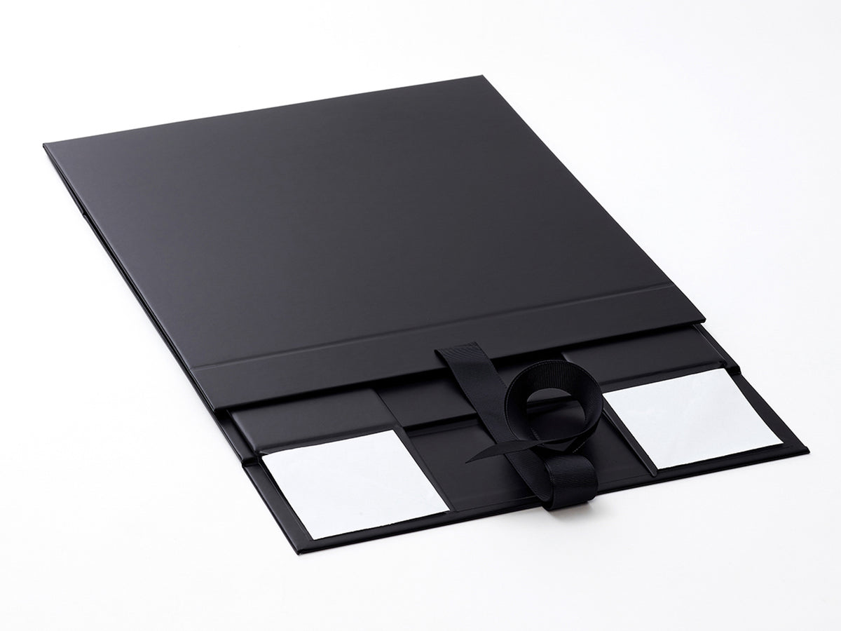 Black Large Folding Gift Box with Fixed Ribbon Supplied Flat