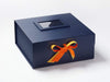 Navy Blue Gift Box Featuring Tangerine and Chamois Double Ribbon Bow with Navy Photo Frame