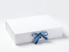 Example of Antique Blue and French Blue Double Ribbon Bow Featured on White A3 Shallow Gift Box