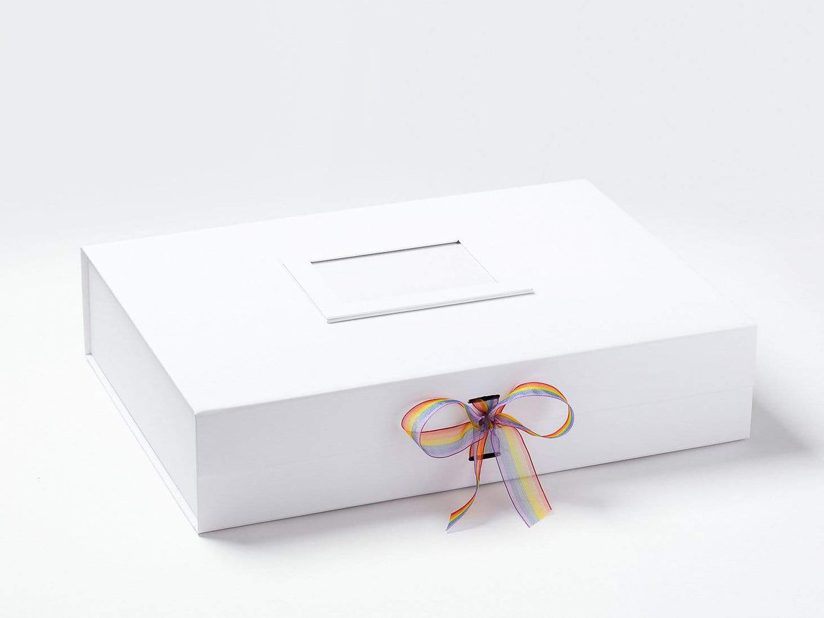 White A3 Shallow Gift Box with Rainbow Organza Ribbon and White Photo  Frame