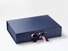 Example of Pale Pink Saddle Stitched Ribbon Featured as a Double Bow on Navy A3 Shallow Gift Box