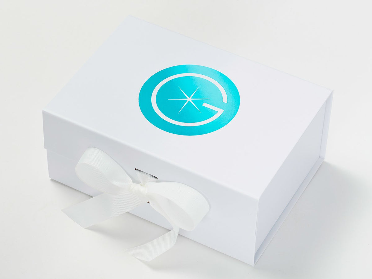 White A5 Deep Gift Box with Custom Turquoise Foil Printed Logo