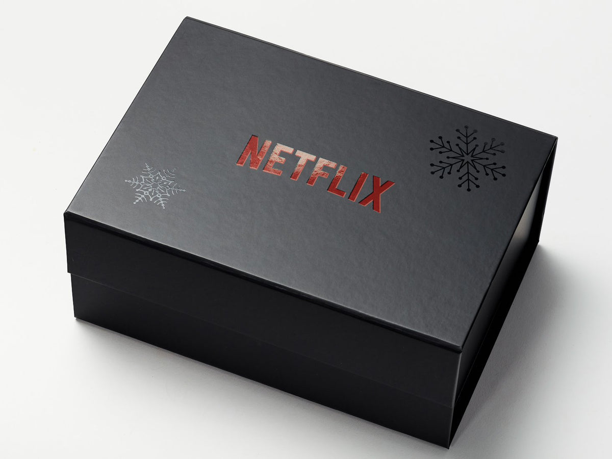 Black A5 Deep Gift Box with 2 Colour Screen Printed Design in Red and Spot UV