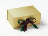 Gold Gift Box Featuring Forest Green and Raisin Ribbon