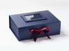 Example of Dark Red Double Ribbon Bow Featured on Navy A4 Deep Gift Box with Navy Photo Frame
