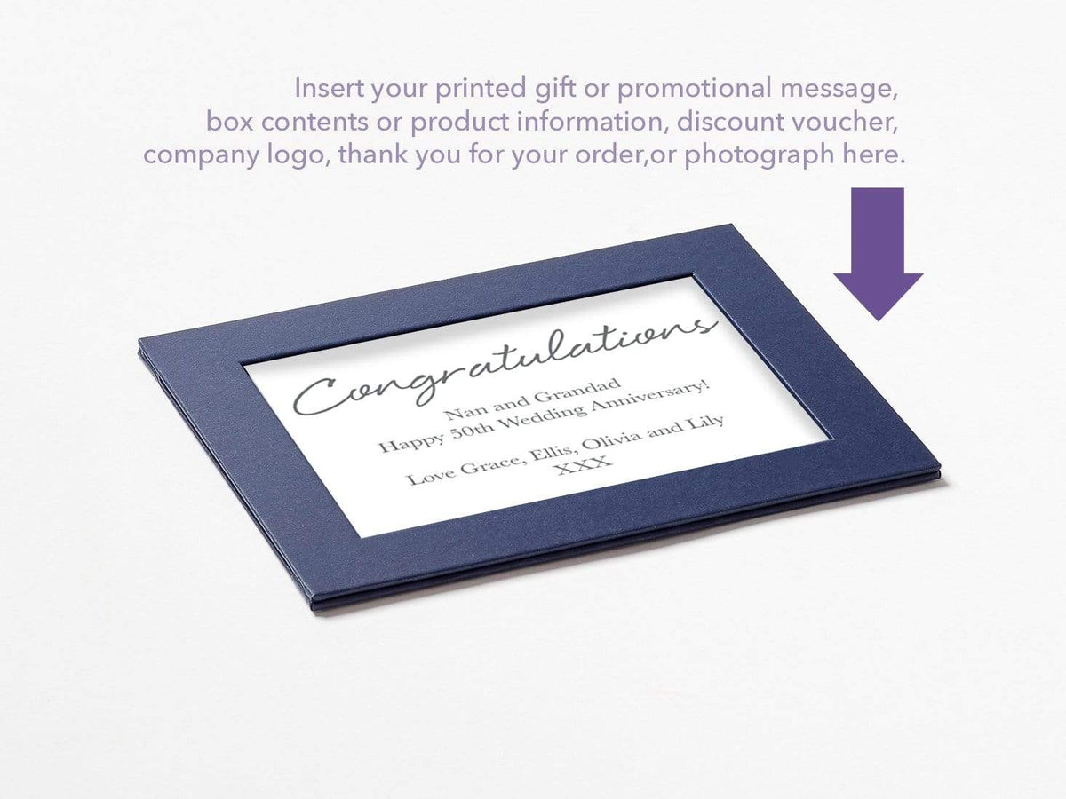 Navy Blue Photo Frame Assembled with Example of Your Custom Printed Insert