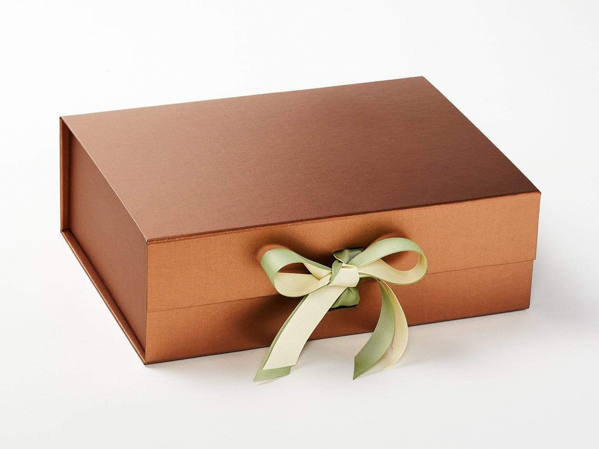 Copper Gift Box with Buttermilk and Spring Moss Ribbon