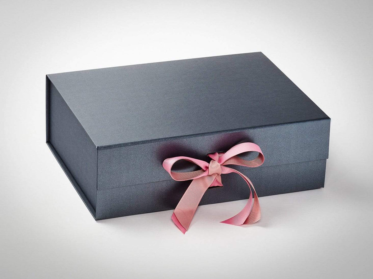 Example of Wild Rose and Antique Mauve Double Ribbon Bow Featured on Pewter A4 Deep Gift Box