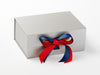 Silver Gray Gift Box Featuring Bright Red and Light Navy Blue Double ribbon Bow