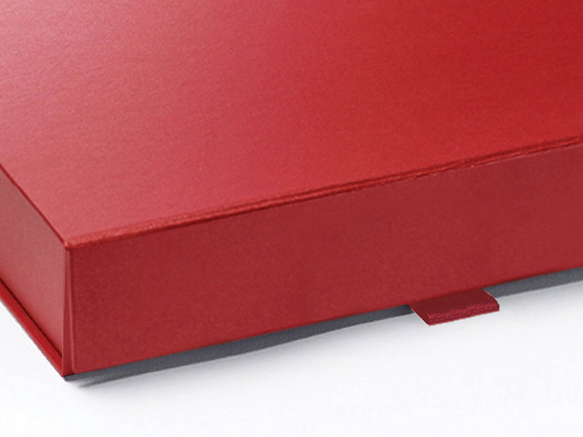 Red A5 Shallow Gift Box Ribbon Tab Detail from Foldabox USA
