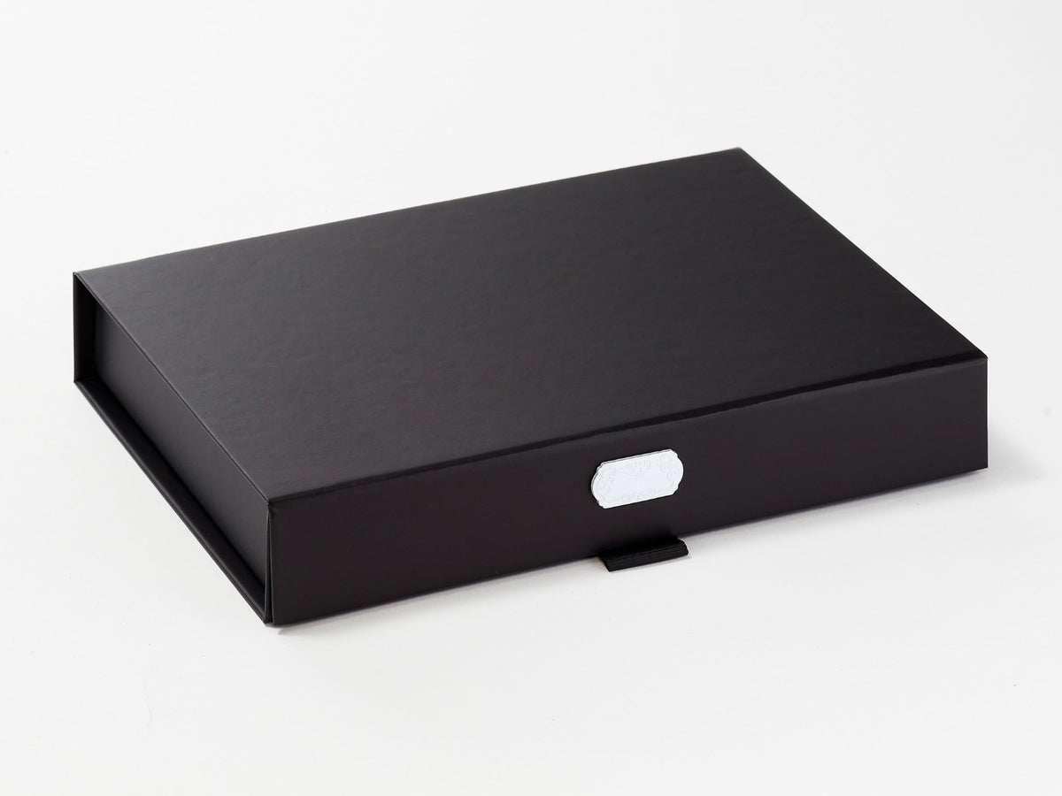 Example Of White Slot Decal Label Featured on Black Shallow Gift Box