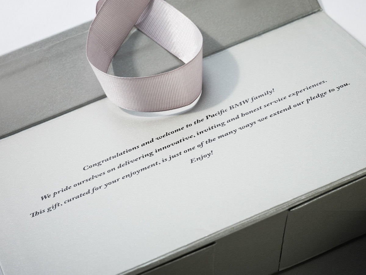 Custom printed Black Text to inside lid of Pearl Silver Gray Gift Box