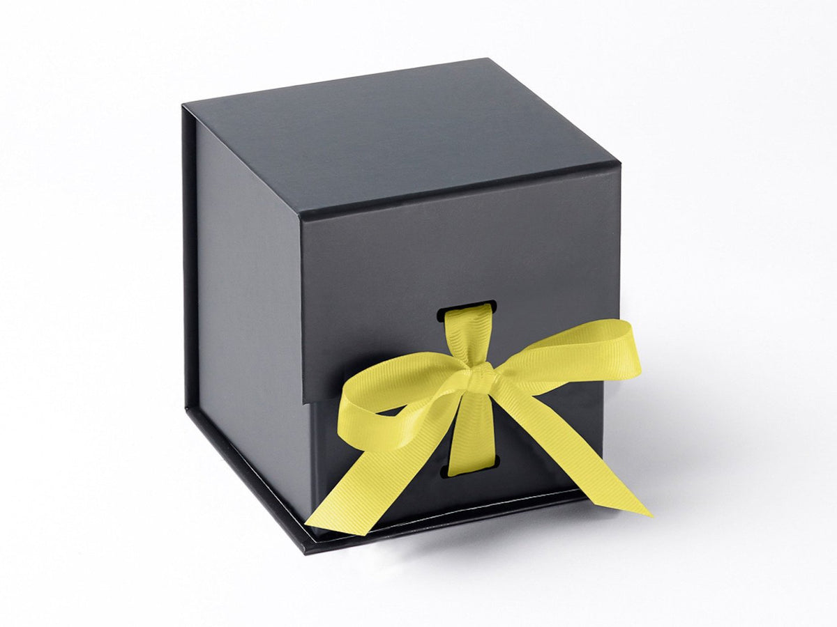 Black Large Cube Gift Box featured with Lemon Yellow Ribbon from Foldabox UK