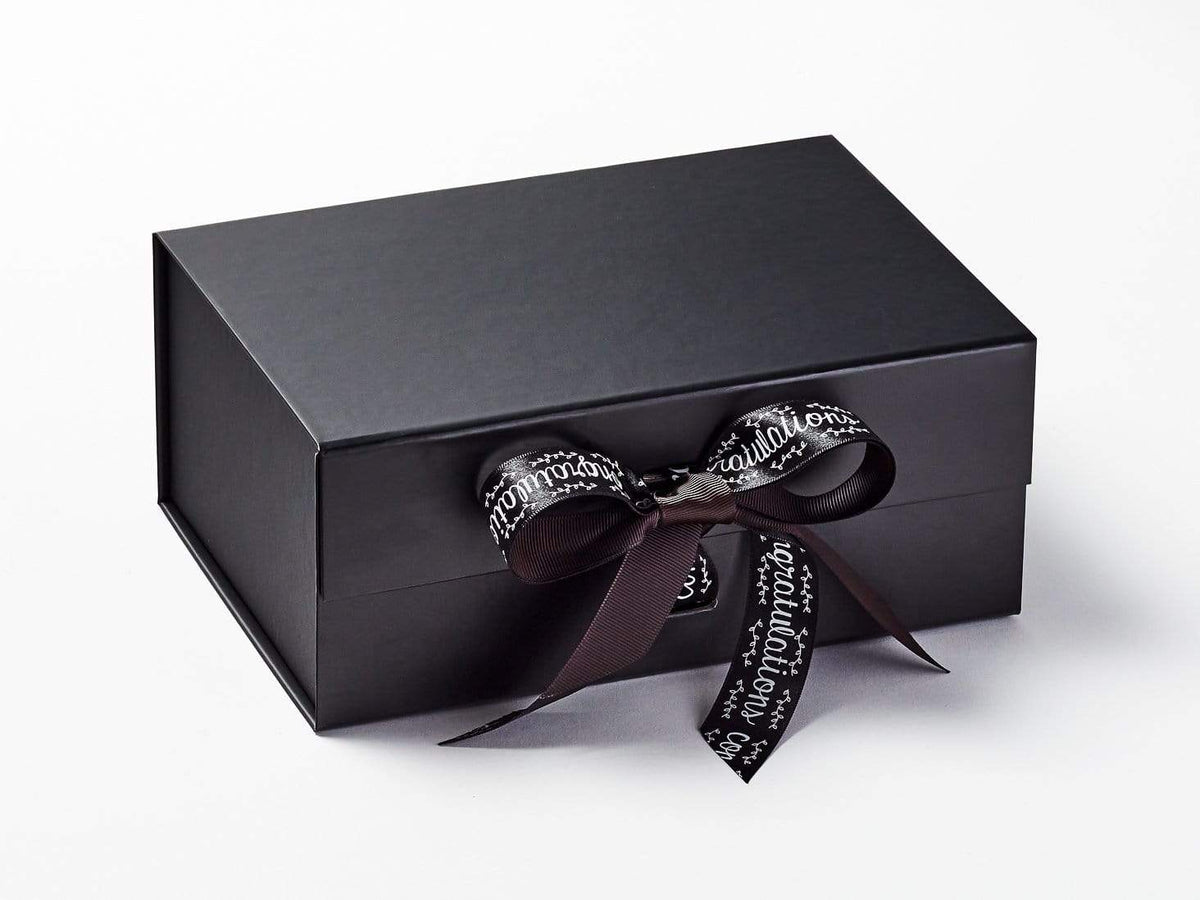 Black Chalkboard Congratulations Ribbon Featured on Black Gift Box