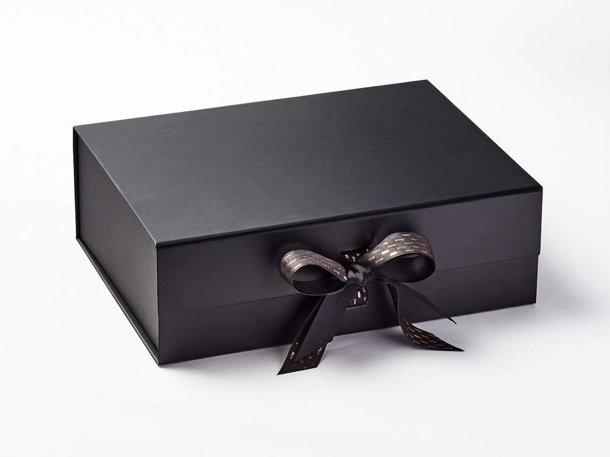 Black and Gold Dash Metallic Thread Ribbon Featured on Black Gift Box