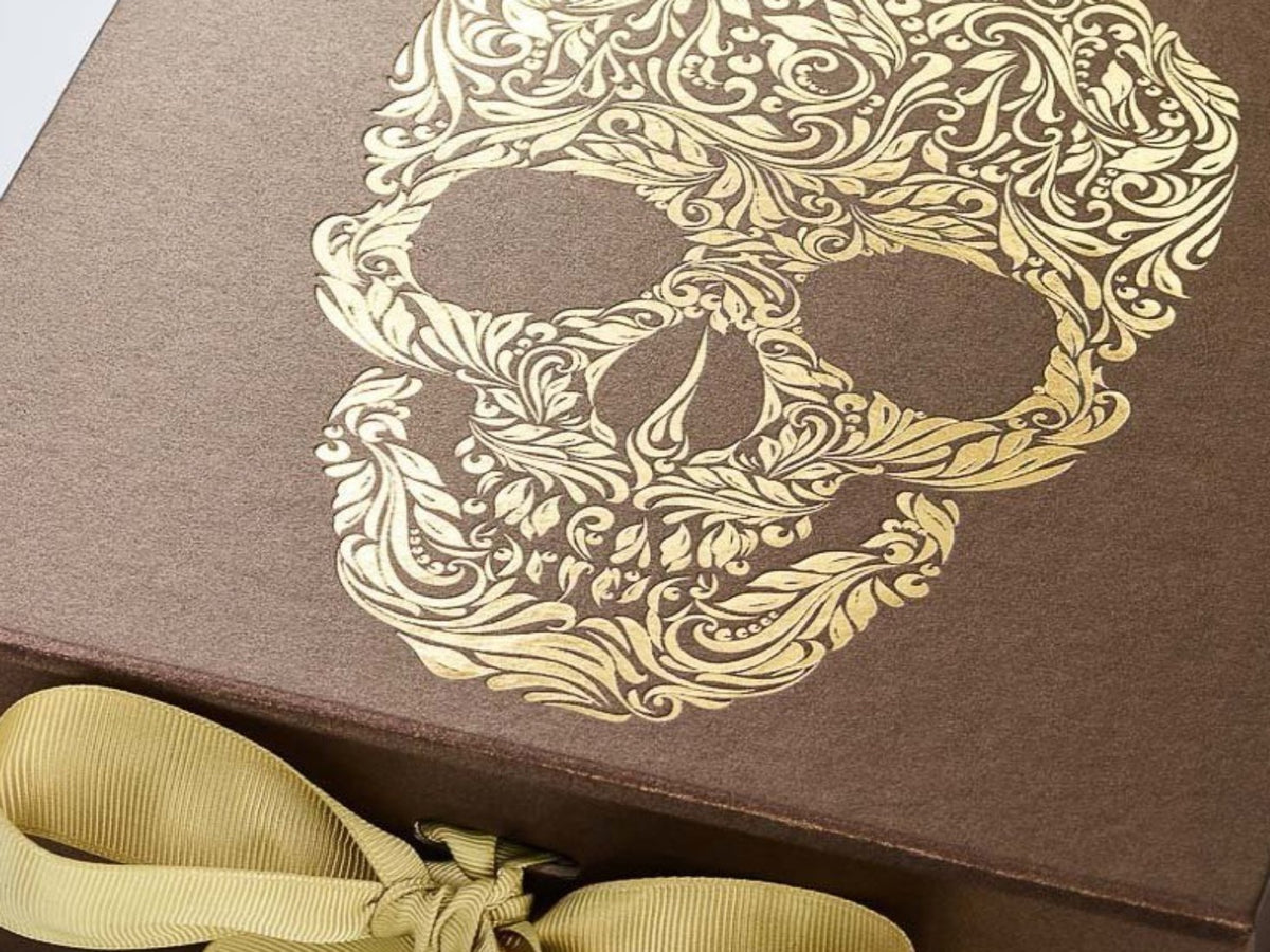 Example of Bronze Folding Gift Box with Gold Foil Logo and Gold Ribbon