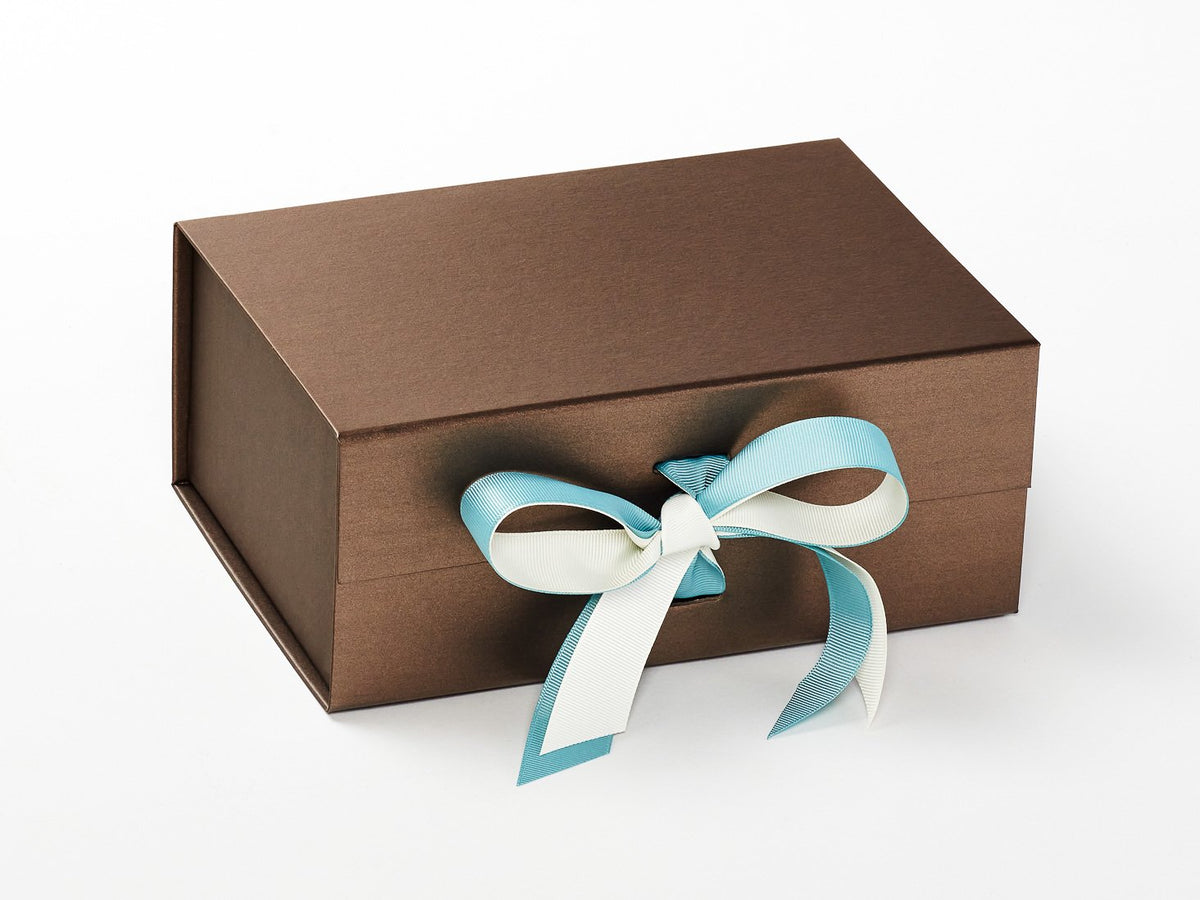 Bronze A5 Deep Gift Box Featuring Nile Blue and Ivory Double Ribbon Bow