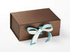 Example of Ivory and Nile Blue Double Ribbon Bow Featured on Bronze A5 Deep Gift Box