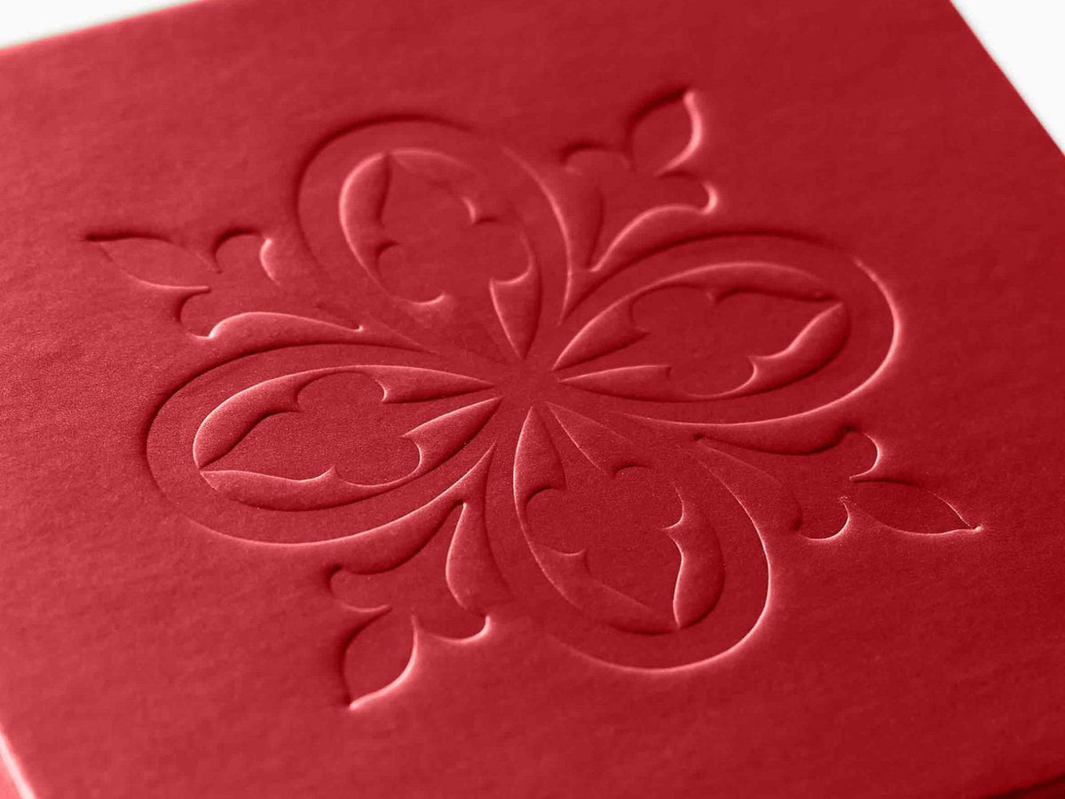Custom Debossed Logo to Lid of Red Pearl Gift Box from Foldabox USA