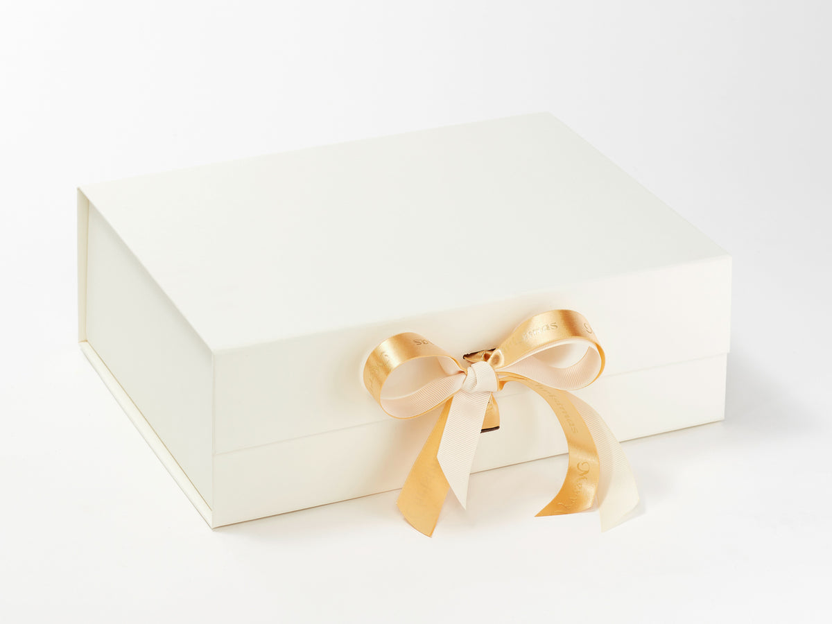 Example of Gold Recycled Satin Ribbon Featured on Ivory A4 Deep Gift Box