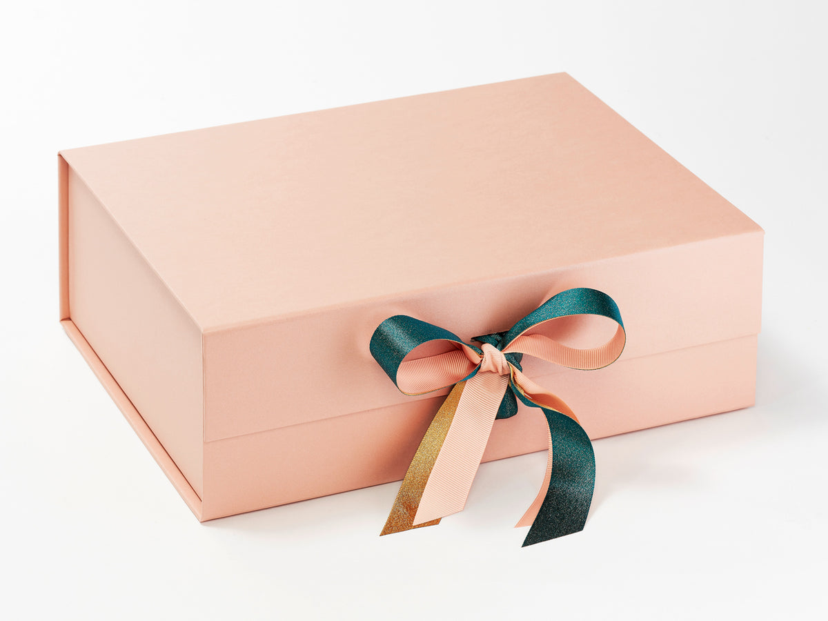 Example of Green Jewel Satin Ribbon Featured on Rose Gold Gift Box