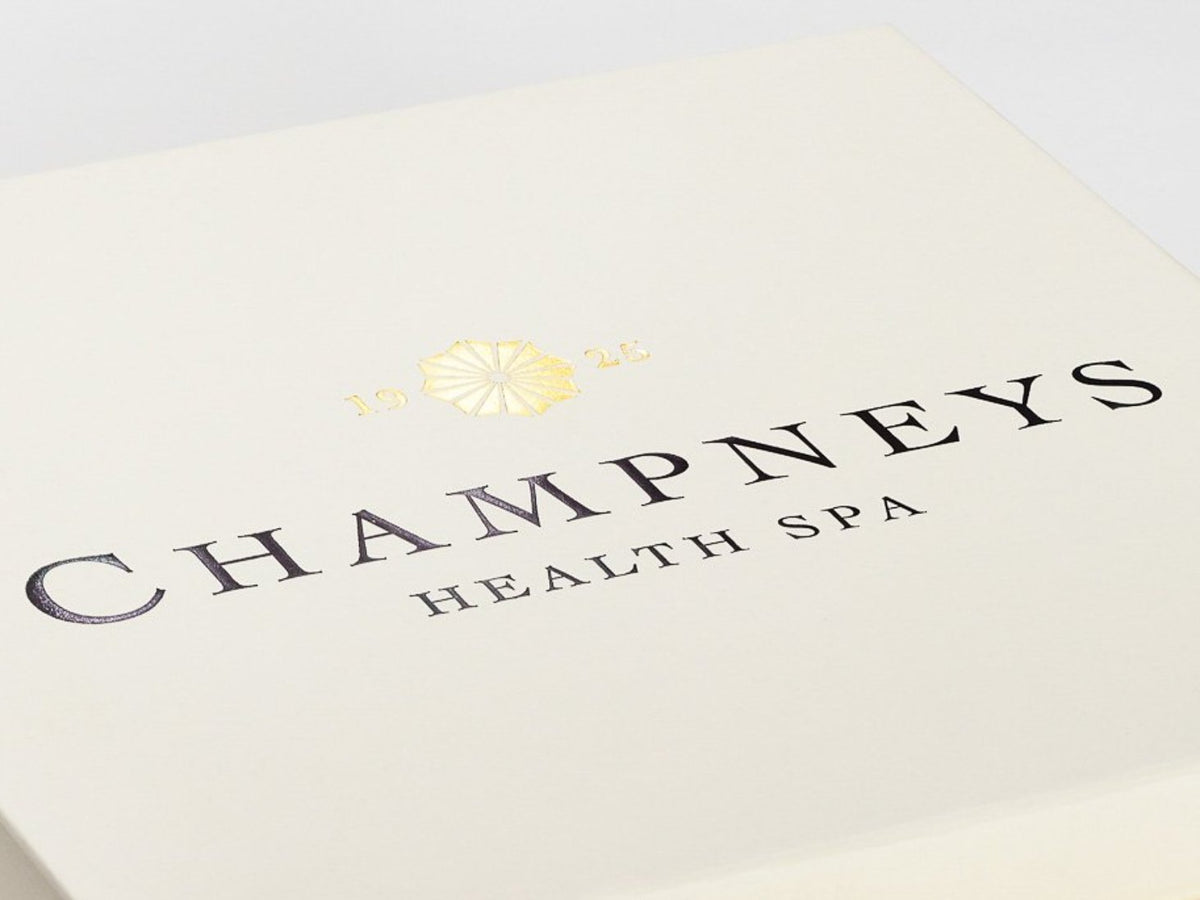 Ivory A4 Shallow Gift Box with Custom 2 Colour Foil Printed Design