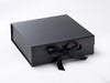 Large black folding magnetic gift box with fixed grosgrain ribbon ties