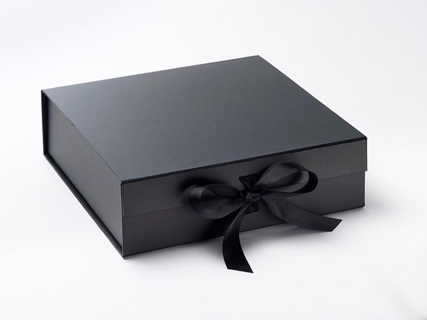 Large black folding magnetic gift box with fixed grosgrain ribbon ties