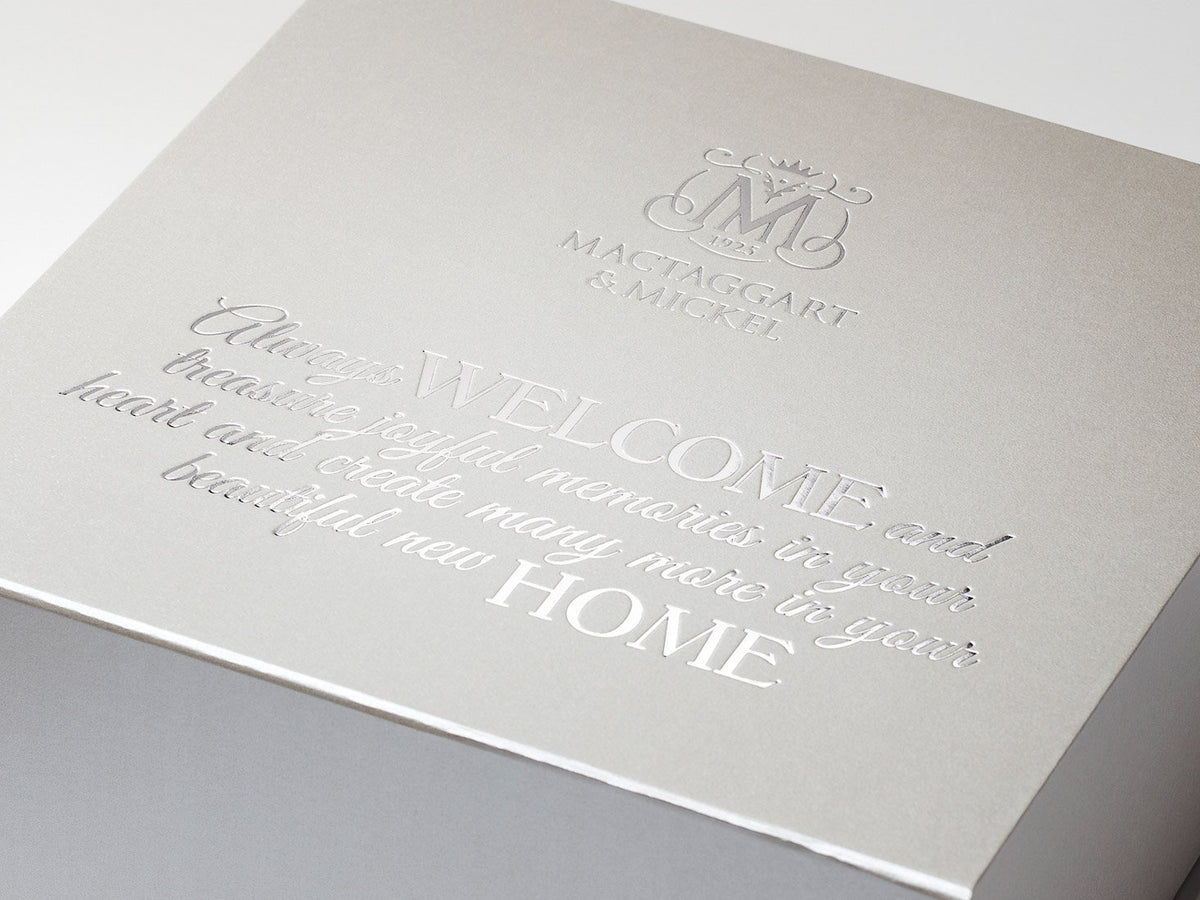 Silver Gift Box with Custom Silver Foil Printed Design