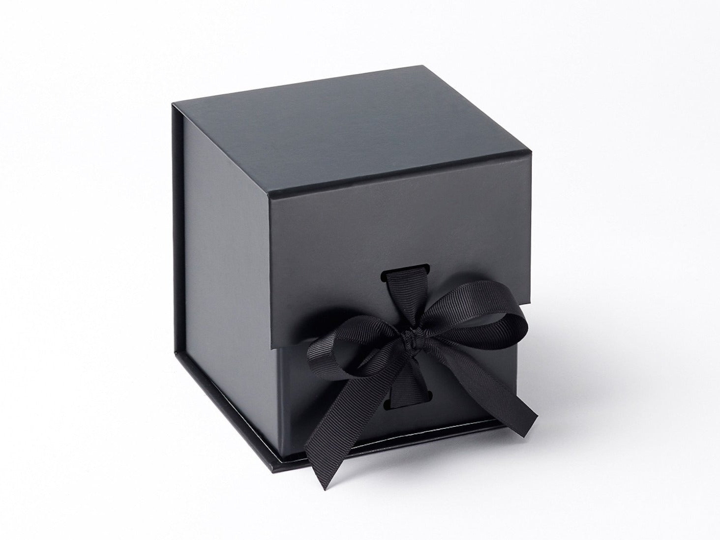 Sample Black Large 5" Cube Gift Box with changeable ribbon from Foldabox USA