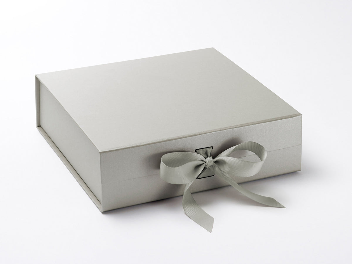 Silver Large Folding Gift Hamper Box with changeable ribbon from Foldabox UK