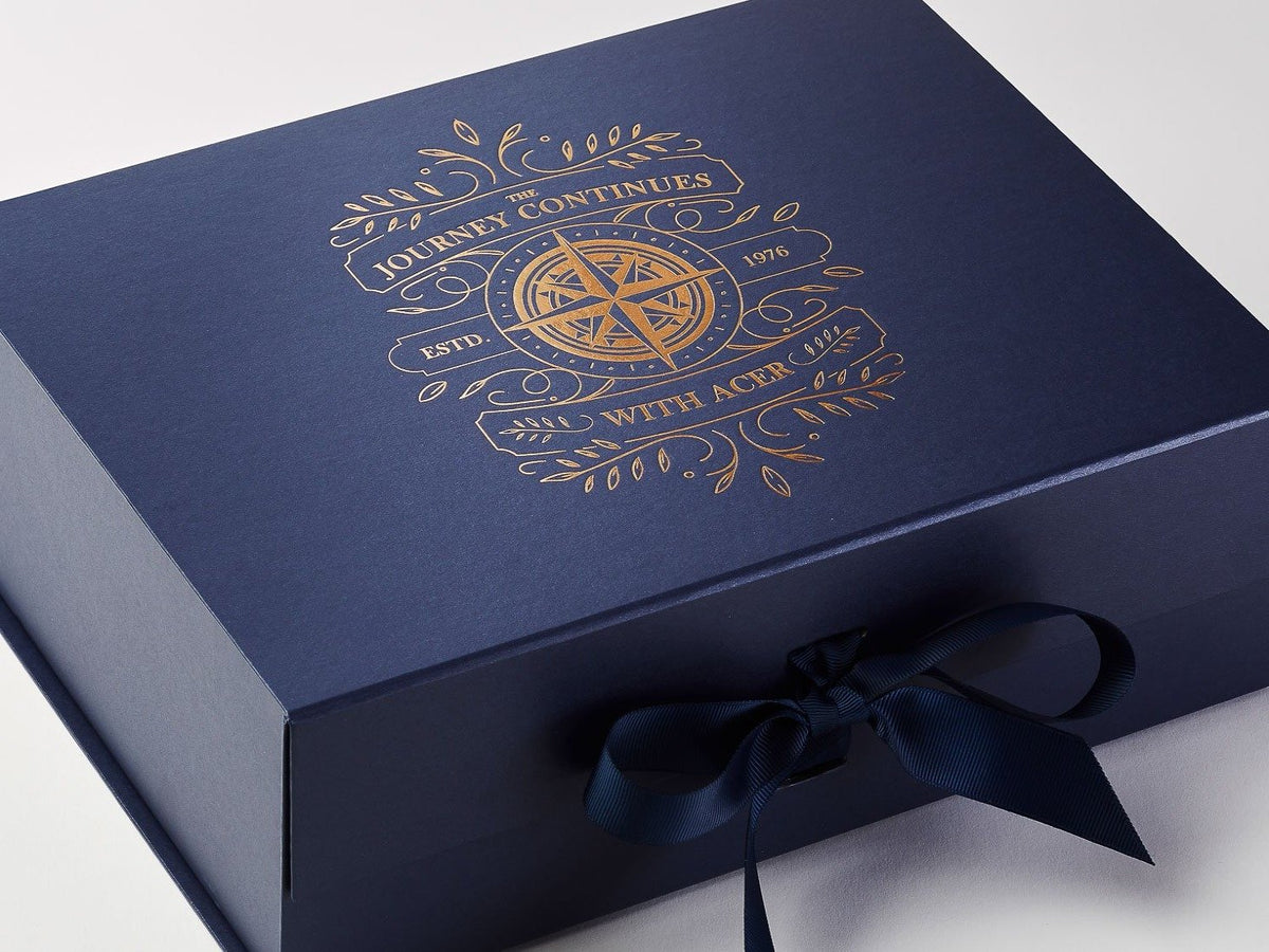 Navy Blue Luxury Gift Box with Custom Copper Foil Printed Design from Foldabox