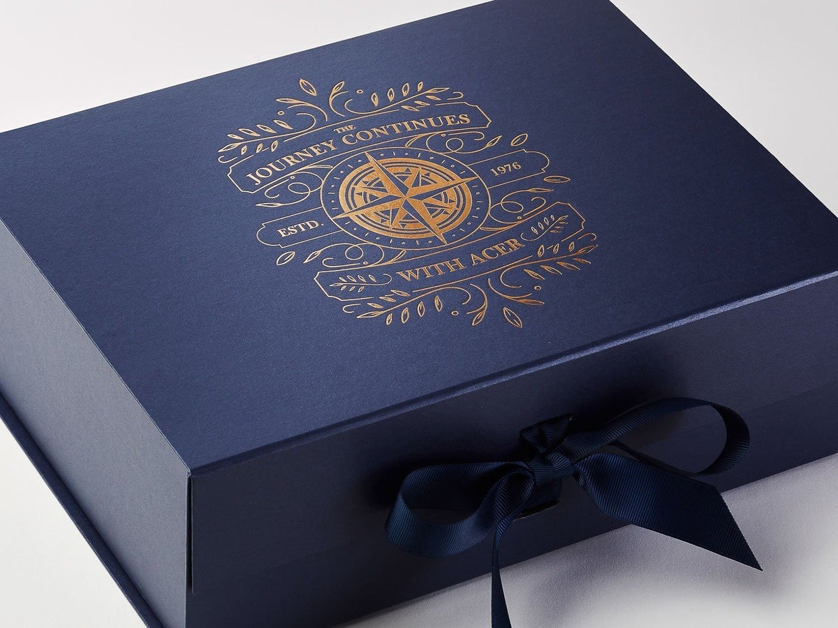 Navy Blue Gift Box with Copper Foil Custom Printed Design