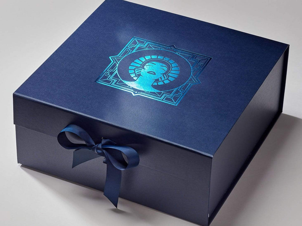 Navy Blue XL Gift Box with Turquoise Custom Foil Print