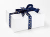 Example of Navy Blue Sparkle Bee Recycled Satin Ribbon Featured on White A5 Deep Gift Box