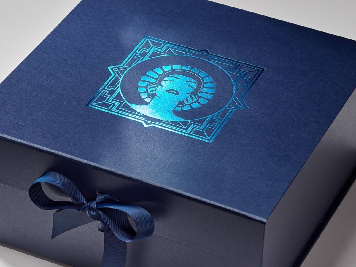 Navy Blue Gift Box printed with Custom Blue Foil Design