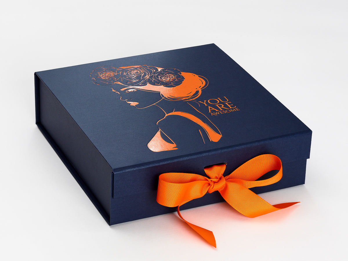 Navy Blue Gift Box with Orange Foil Logo and Tangerine Ribbon