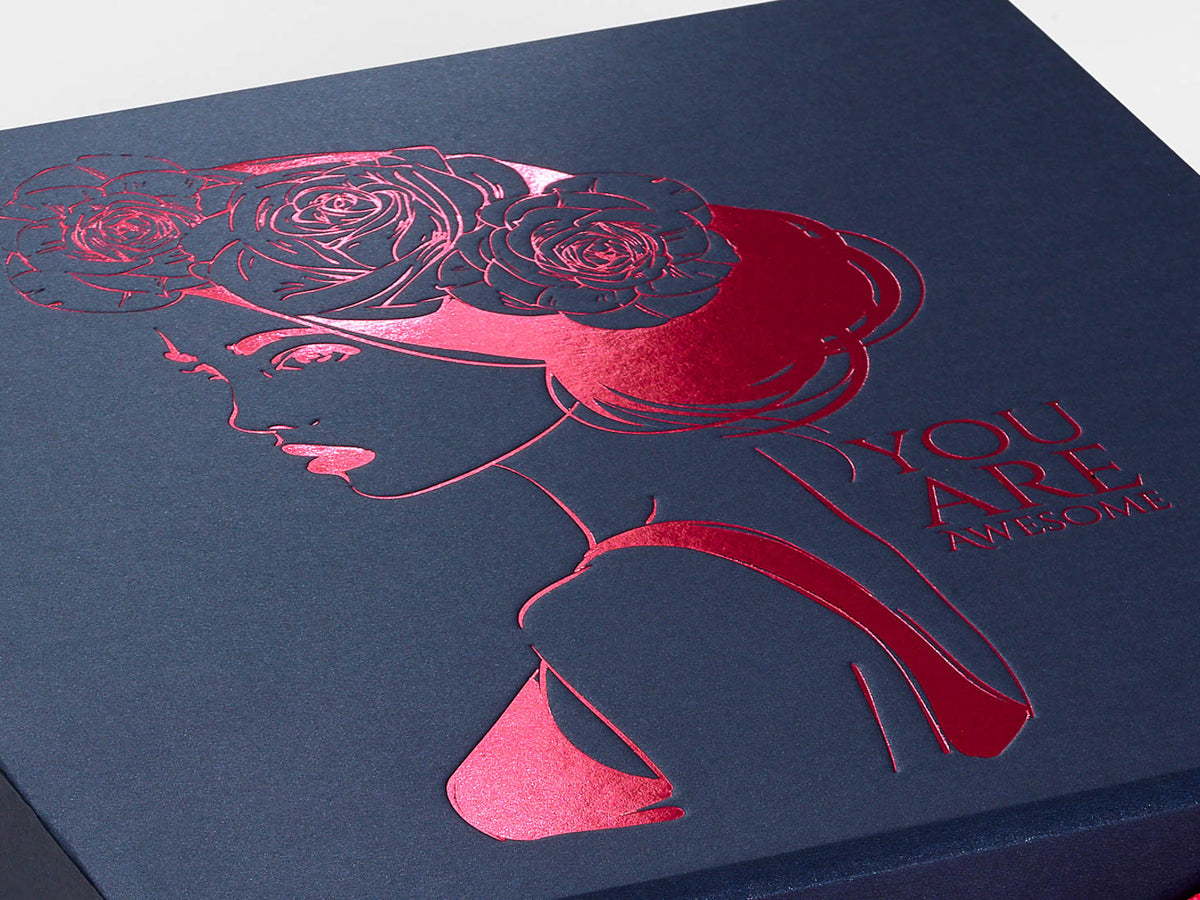 Navy Blue Folding Gift Box with Custom Hot Pink Foil Design